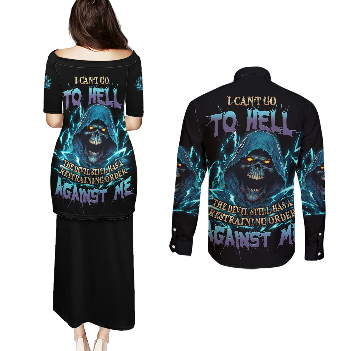I Can't Go To Hell Mad Reaper Skull Couples Matching Puletasi Dress and Long Sleeve Button Shirt - Wonder Print Shop