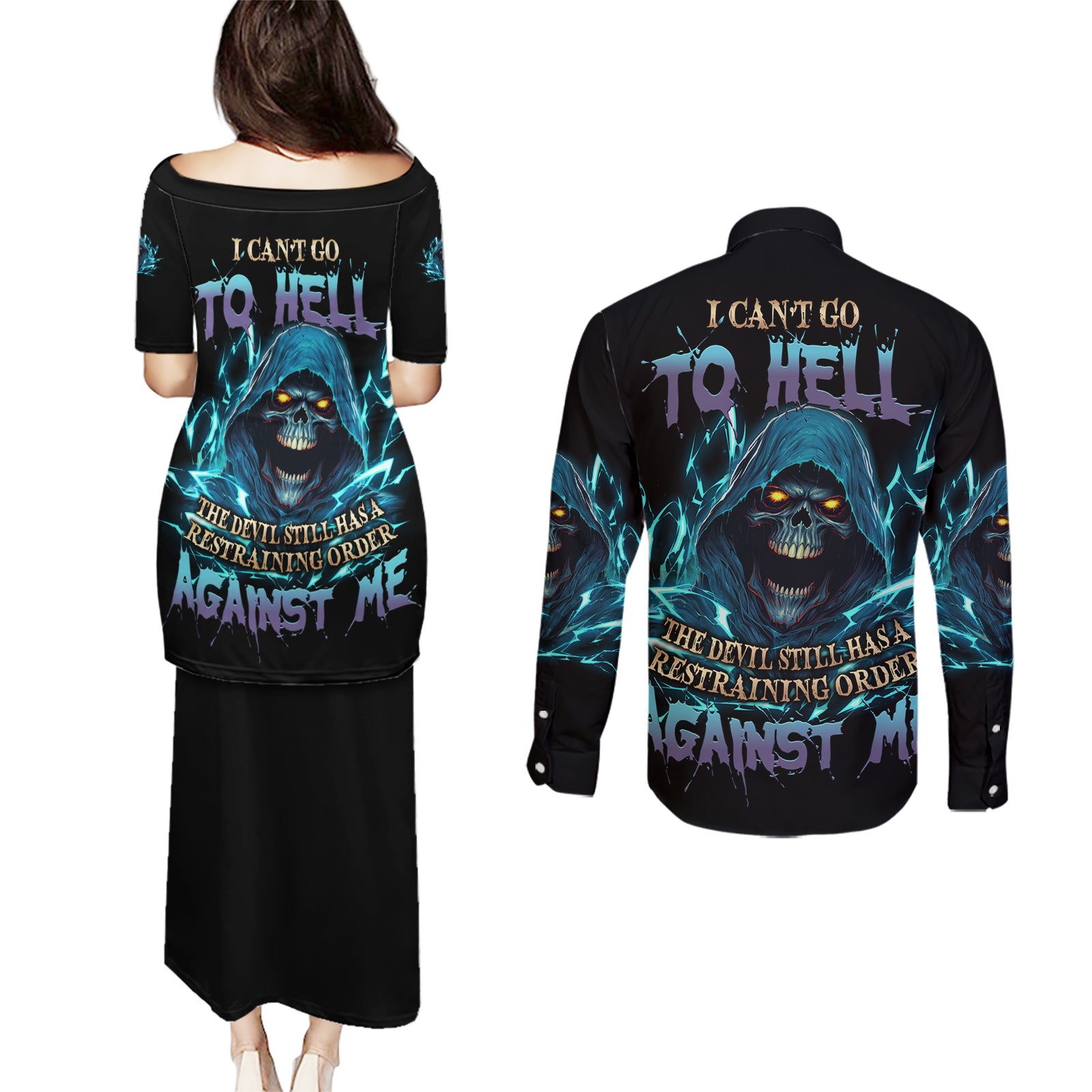 I Can't Go To Hell Mad Reaper Skull Couples Matching Puletasi Dress and Long Sleeve Button Shirt - Wonder Print Shop