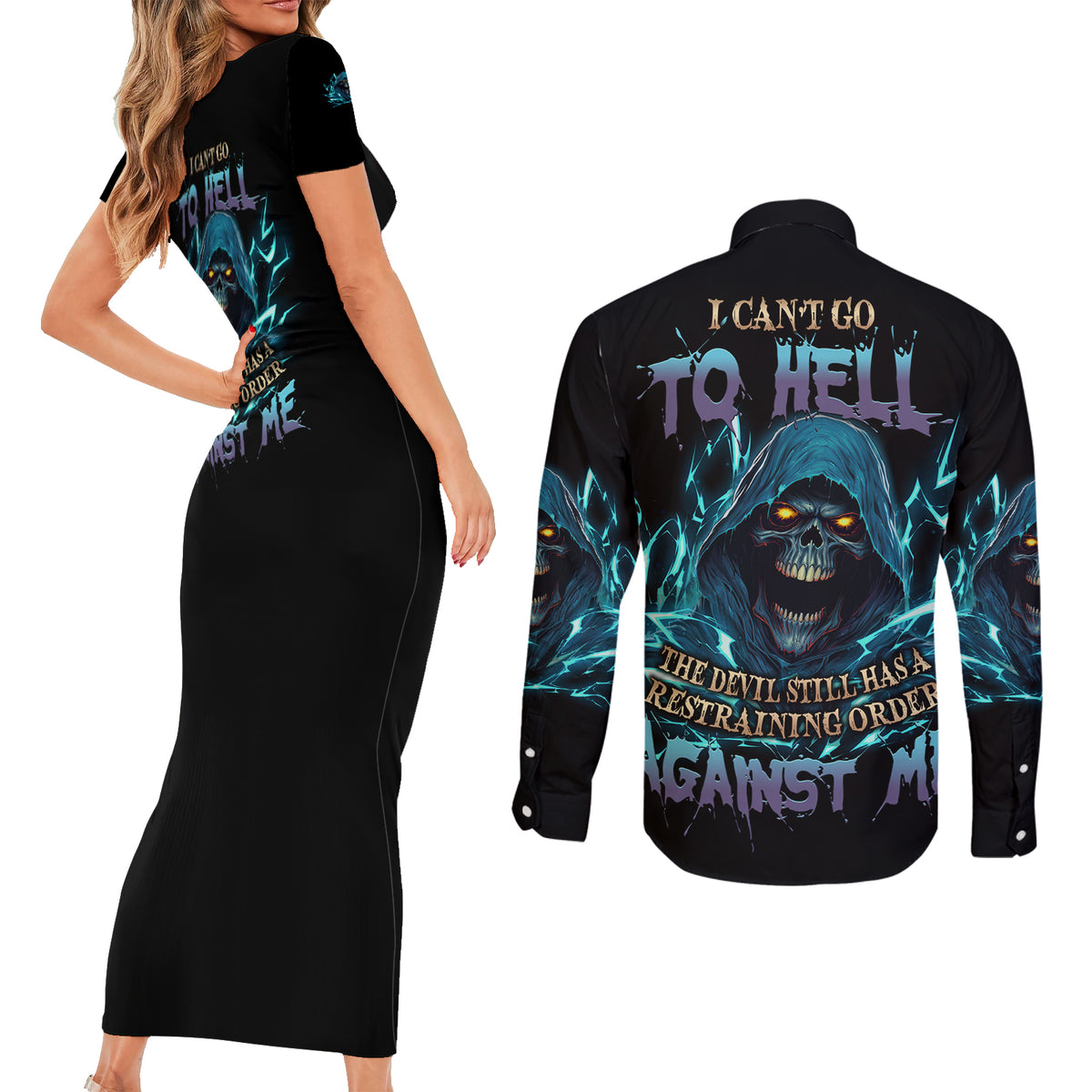 I Can't Go To Hell Mad Reaper Skull Couples Matching Short Sleeve Bodycon Dress and Long Sleeve Button Shirt - Wonder Print Shop