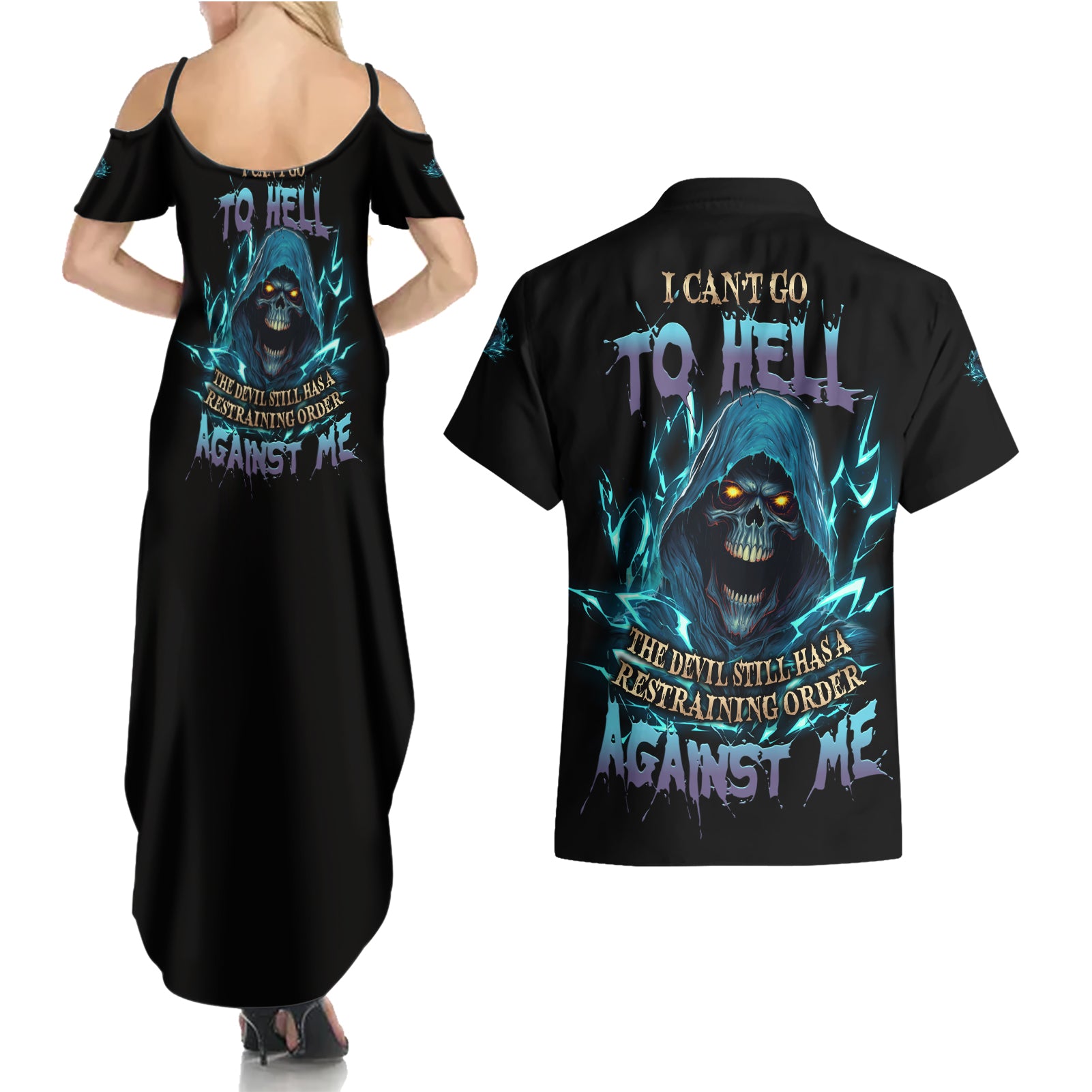 I Can't Go To Hell Mad Reaper Skull Couples Matching Summer Maxi Dress and Hawaiian Shirt - Wonder Print Shop