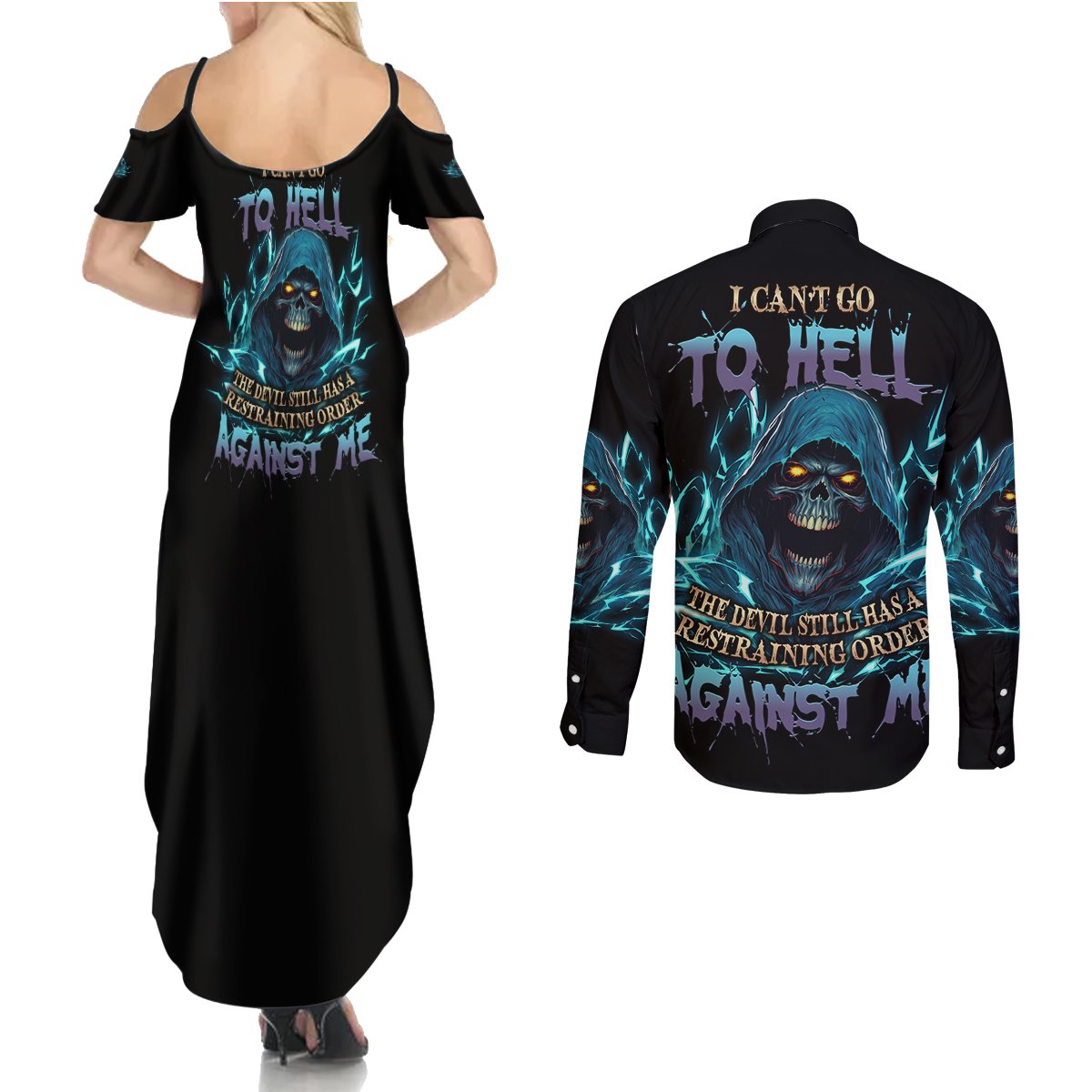 I Can't Go To Hell Mad Reaper Skull Couples Matching Summer Maxi Dress and Long Sleeve Button Shirt - Wonder Print Shop