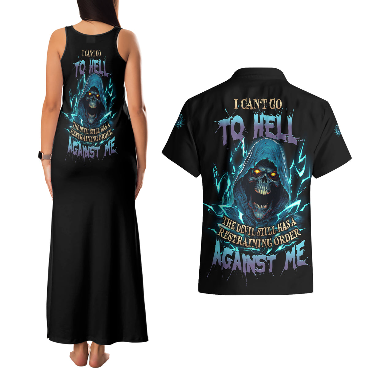 I Can't Go To Hell Mad Reaper Skull Couples Matching Tank Maxi Dress and Hawaiian Shirt - Wonder Print Shop