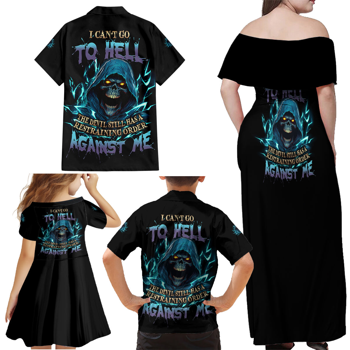 I Can't Go To Hell Mad Reaper Skull Family Matching Off Shoulder Maxi Dress and Hawaiian Shirt - Wonder Print Shop