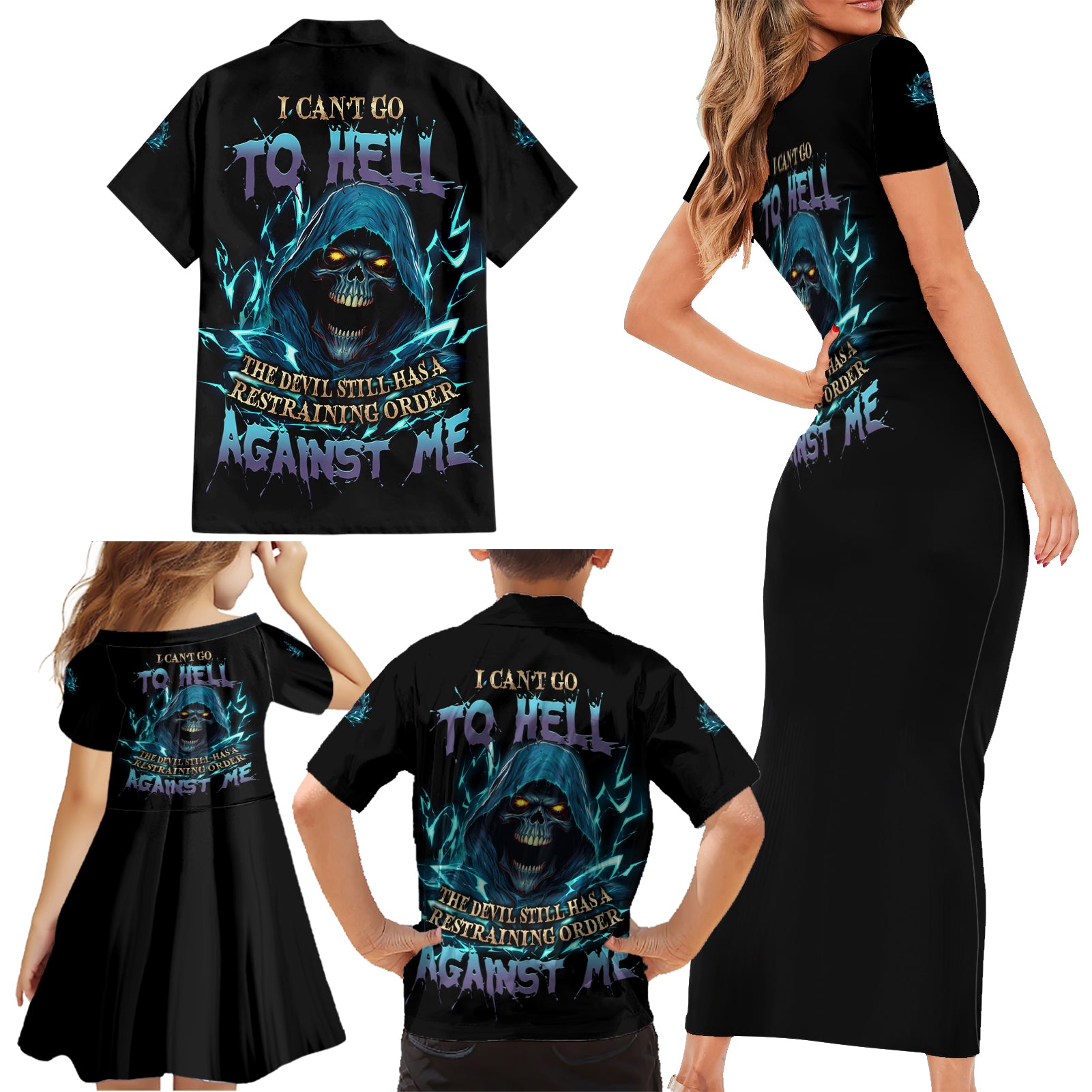 I Can't Go To Hell Mad Reaper Skull Family Matching Short Sleeve Bodycon Dress and Hawaiian Shirt - Wonder Print Shop
