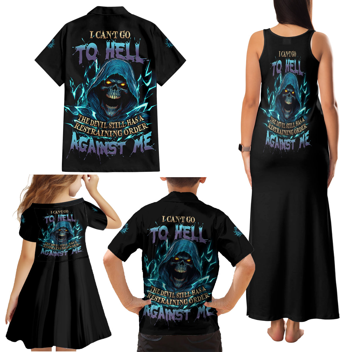 I Can't Go To Hell Mad Reaper Skull Family Matching Tank Maxi Dress and Hawaiian Shirt - Wonder Print Shop