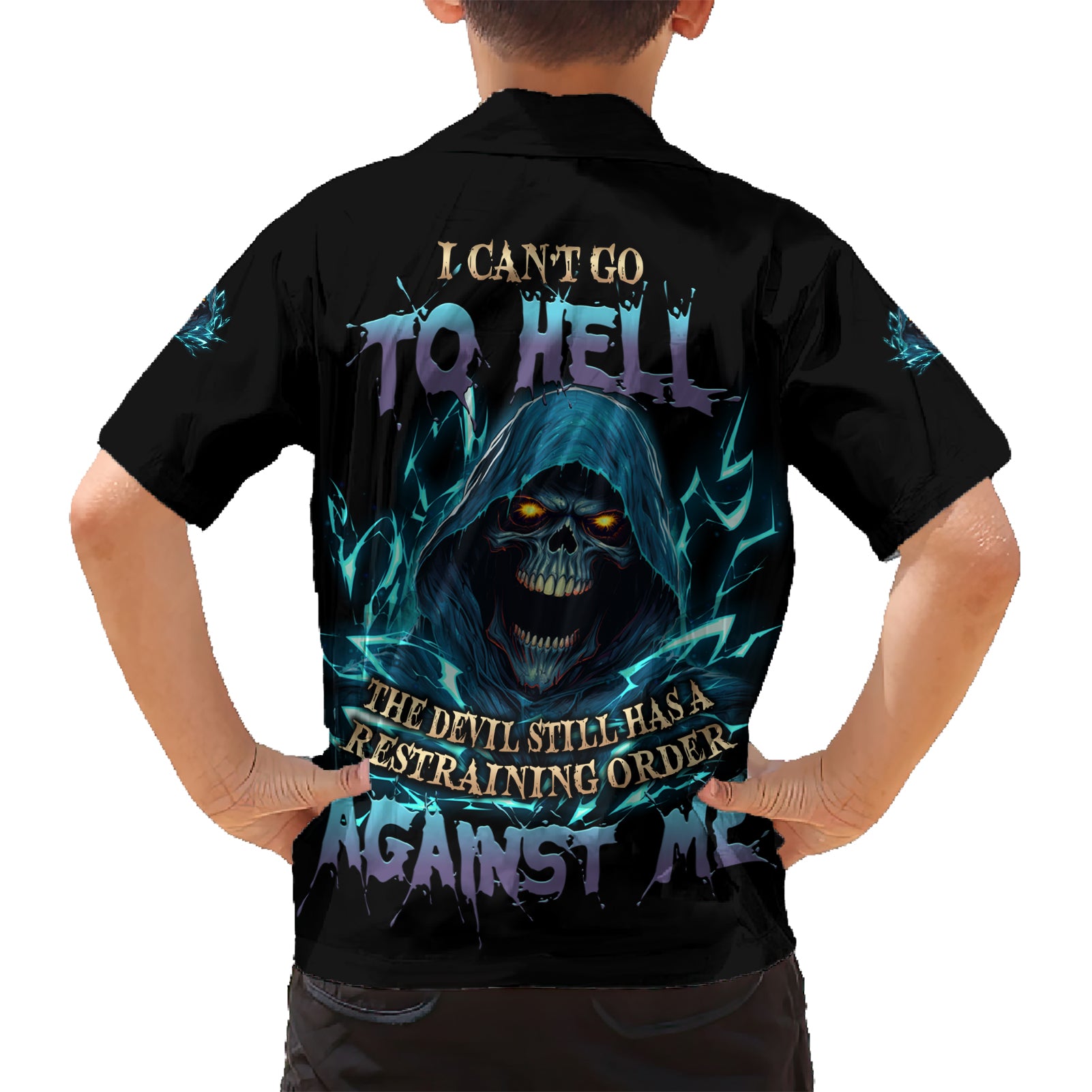 I Can't Go To Hell Mad Reaper Skull Kid Hawaiian Shirt - Wonder Print Shop