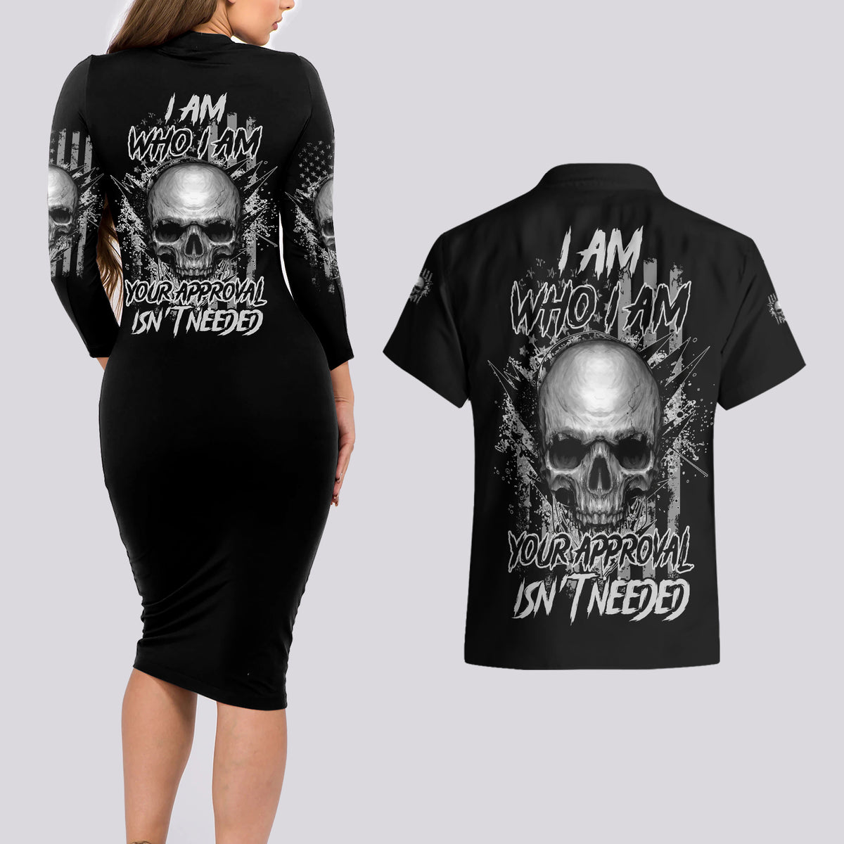 I Am Who I Am Skull Couples Matching Long Sleeve Bodycon Dress and Hawaiian Shirt - Wonder Print Shop