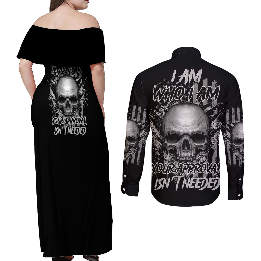 I Am Who I Am Skull Couples Matching Off Shoulder Maxi Dress and Long Sleeve Button Shirt - Wonder Print Shop