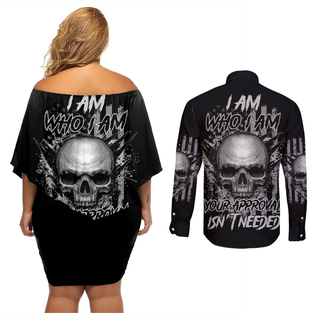 I Am Who I Am Skull Couples Matching Off Shoulder Short Dress and Long Sleeve Button Shirt - Wonder Print Shop