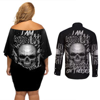 I Am Who I Am Skull Couples Matching Off Shoulder Short Dress and Long Sleeve Button Shirt - Wonder Print Shop