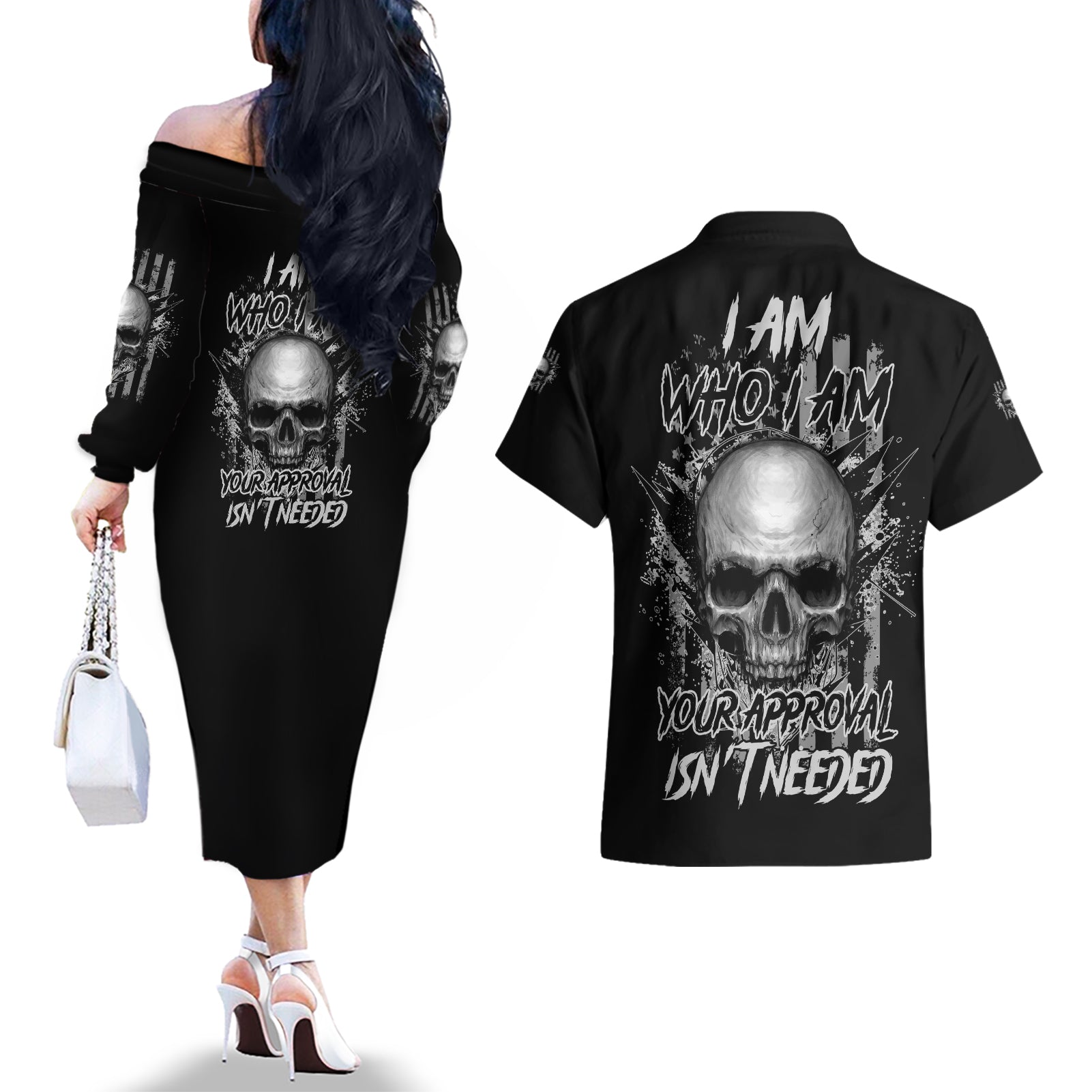 I Am Who I Am Skull Couples Matching Off The Shoulder Long Sleeve Dress and Hawaiian Shirt - Wonder Print Shop