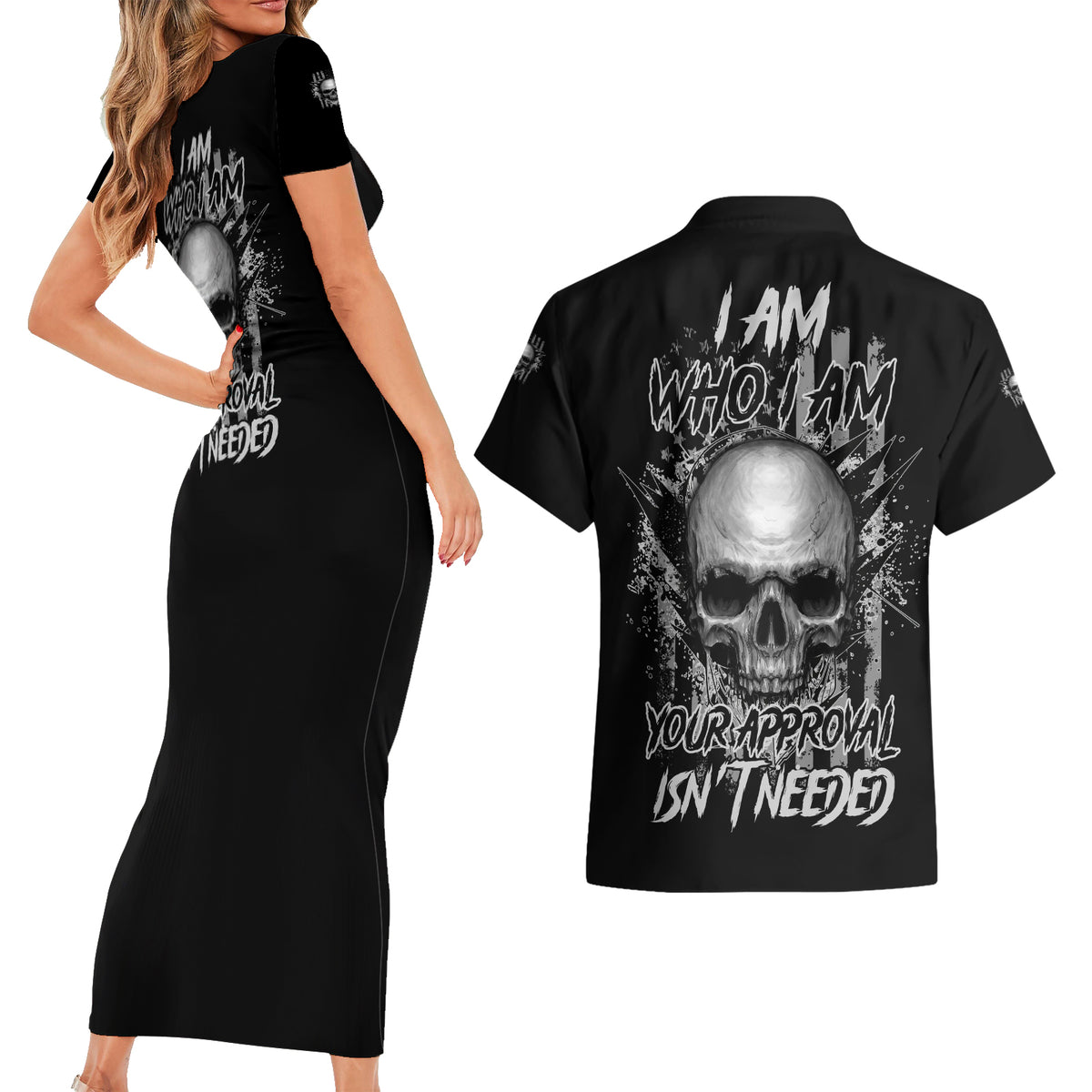 I Am Who I Am Skull Couples Matching Short Sleeve Bodycon Dress and Hawaiian Shirt - Wonder Print Shop