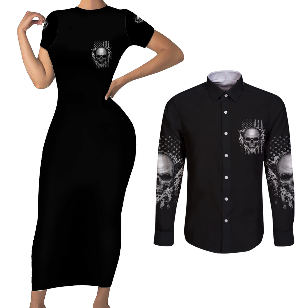 I Am Who I Am Skull Couples Matching Short Sleeve Bodycon Dress and Long Sleeve Button Shirt - Wonder Print Shop