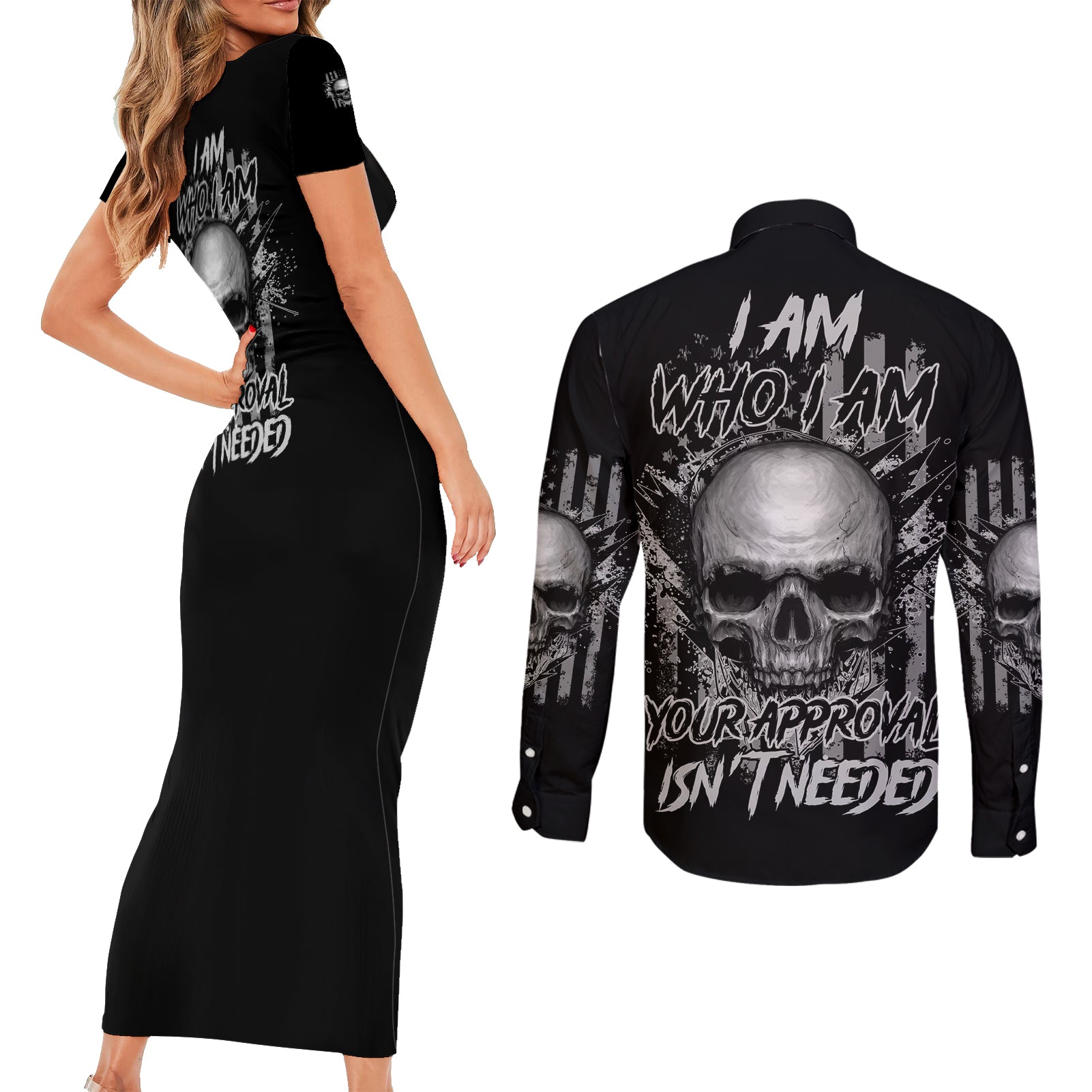 I Am Who I Am Skull Couples Matching Short Sleeve Bodycon Dress and Long Sleeve Button Shirt - Wonder Print Shop