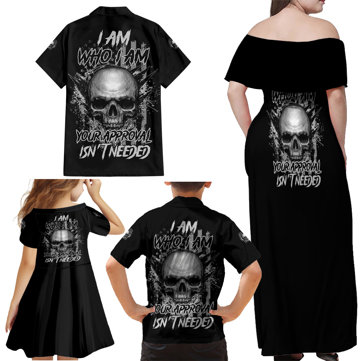 I Am Who I Am Skull Family Matching Off Shoulder Maxi Dress and Hawaiian Shirt - Wonder Print Shop