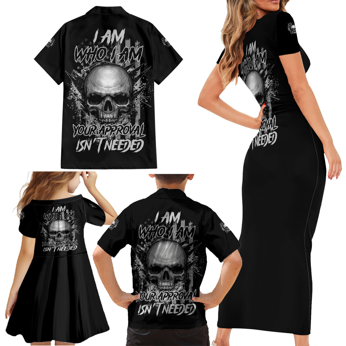 I Am Who I Am Skull Family Matching Short Sleeve Bodycon Dress and Hawaiian Shirt - Wonder Print Shop