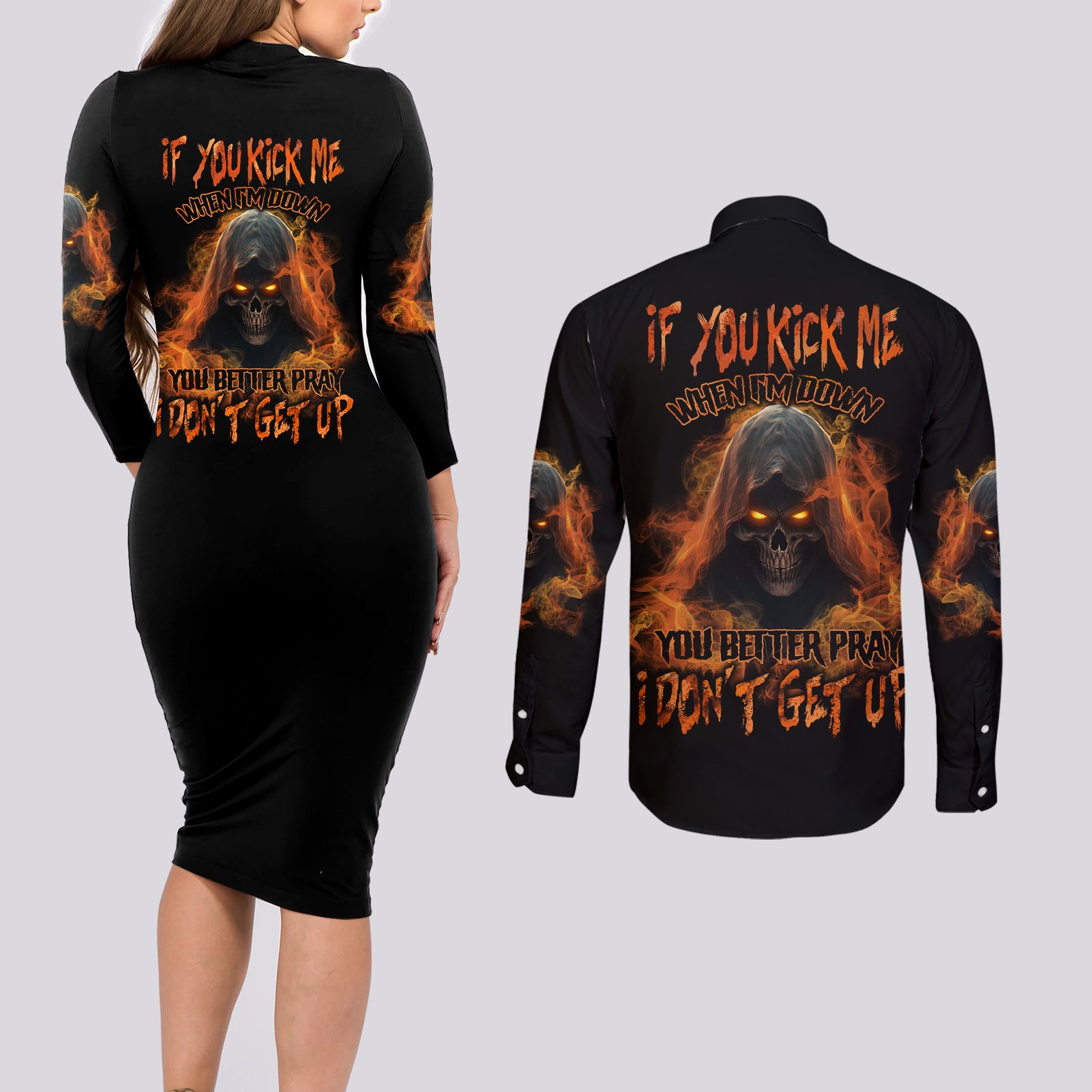 If You Kick Me When I'm Down Couples Matching Long Sleeve Bodycon Dress and Long Sleeve Button Shirt - Wonder Print Shop