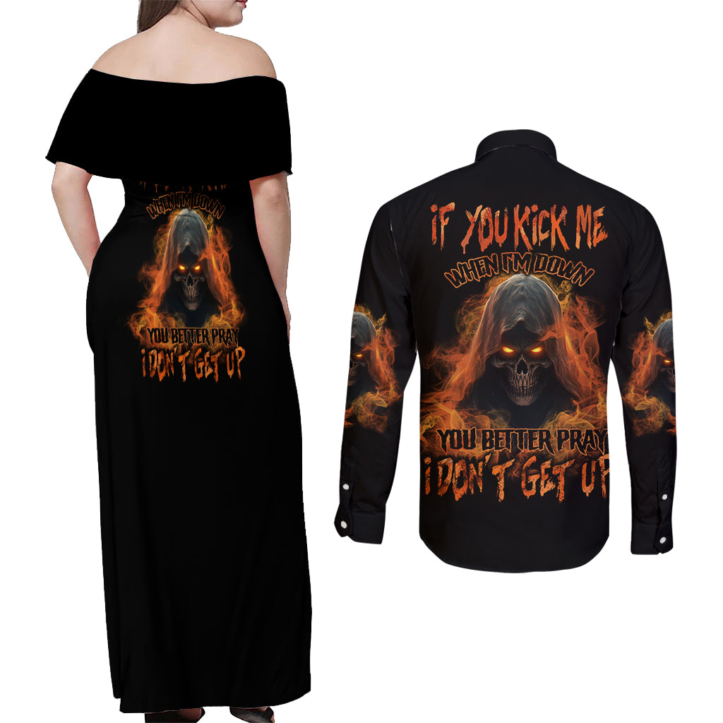 If You Kick Me When I'm Down Couples Matching Off Shoulder Maxi Dress and Long Sleeve Button Shirt - Wonder Print Shop