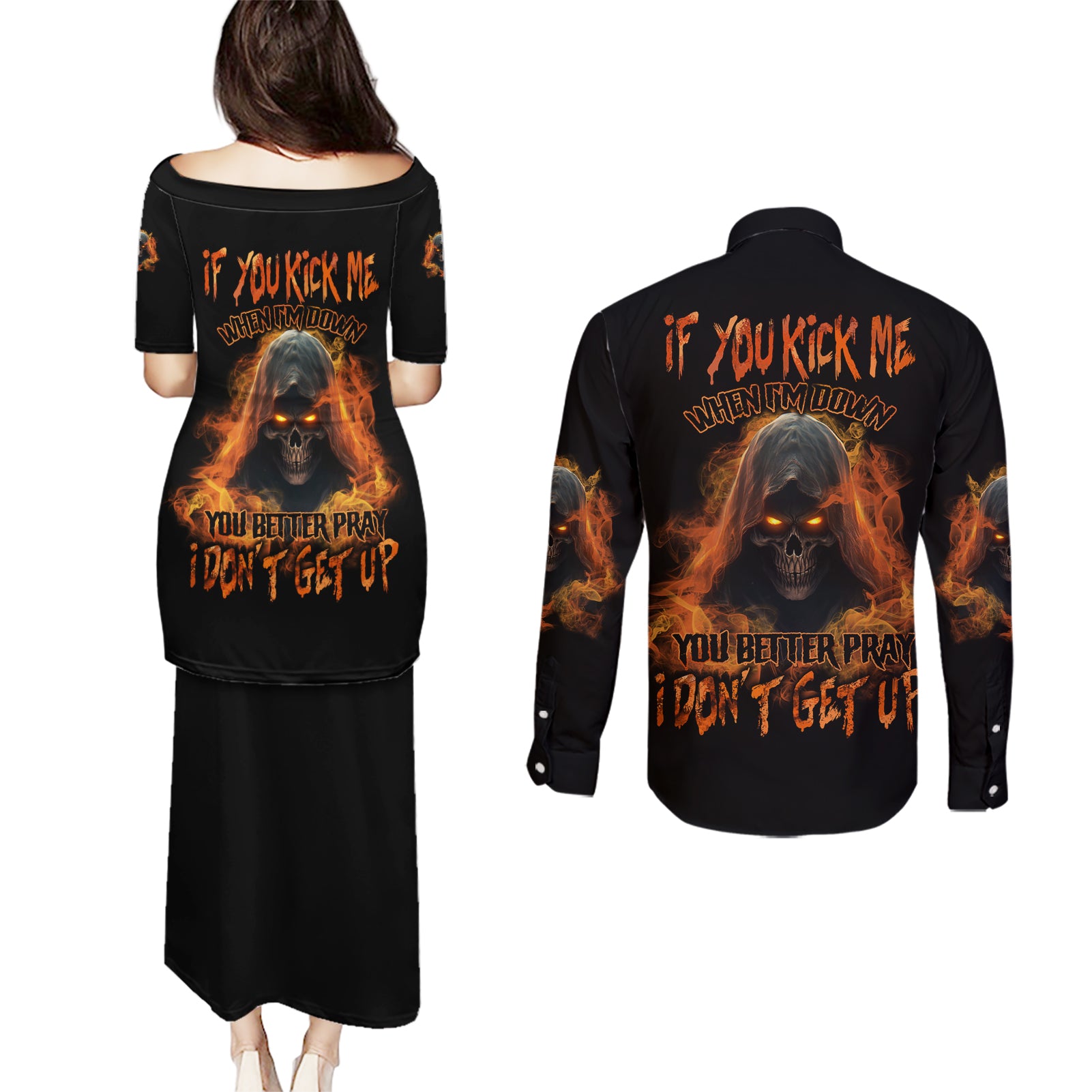 If You Kick Me When I'm Down Couples Matching Puletasi Dress and Long Sleeve Button Shirt - Wonder Print Shop