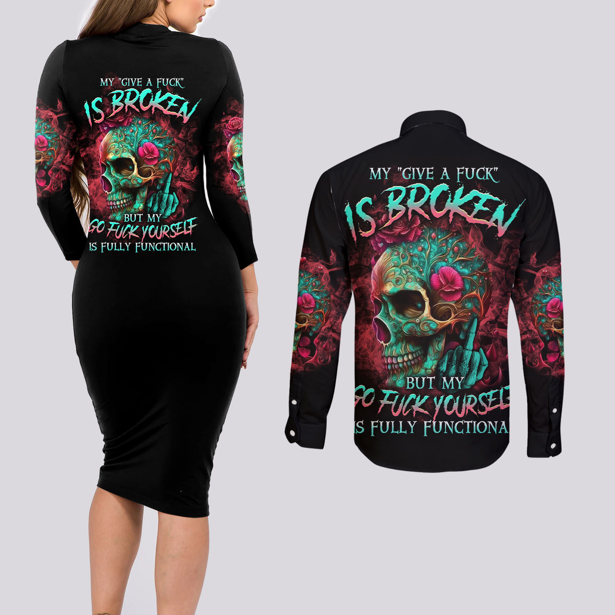 Give Me A F Is Broken But My Go F Yourself Couples Matching Long Sleeve Bodycon Dress and Long Sleeve Button Shirt - Wonder Print Shop