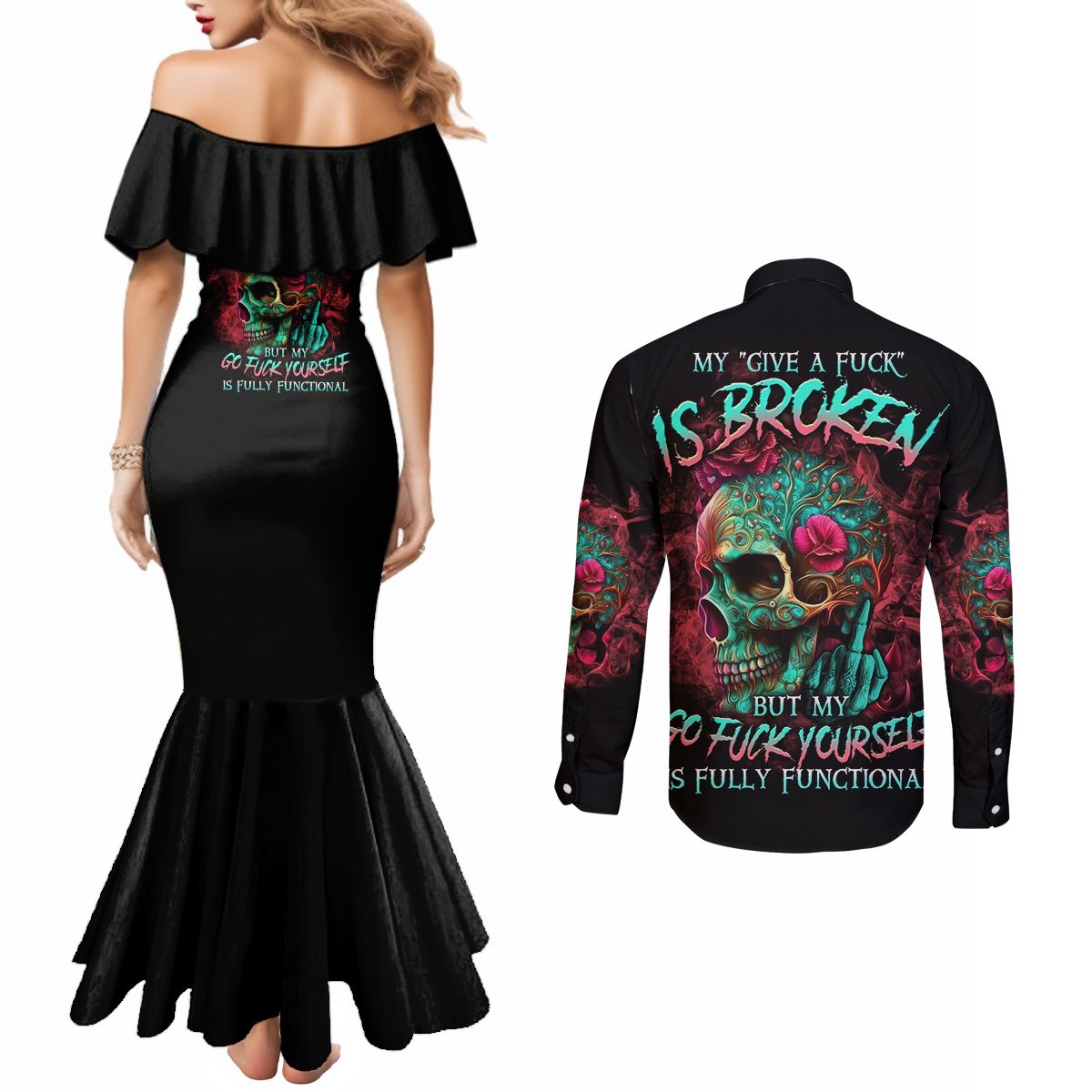 give-me-a-f-is-broken-but-my-go-f-yourself-couples-matching-mermaid-dress-and-long-sleeve-button-shirt