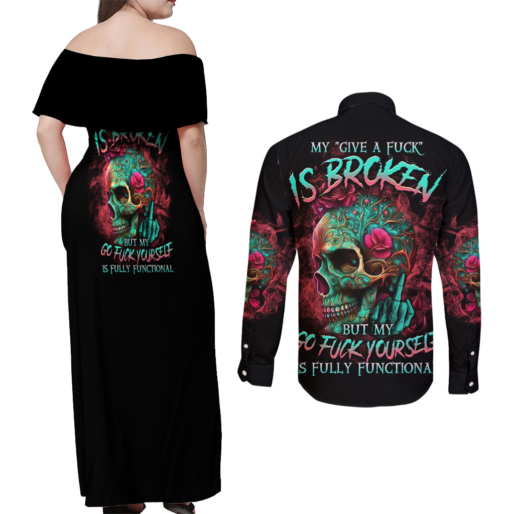 Give Me A F Is Broken But My Go F Yourself Couples Matching Off Shoulder Maxi Dress and Long Sleeve Button Shirt - Wonder Print Shop