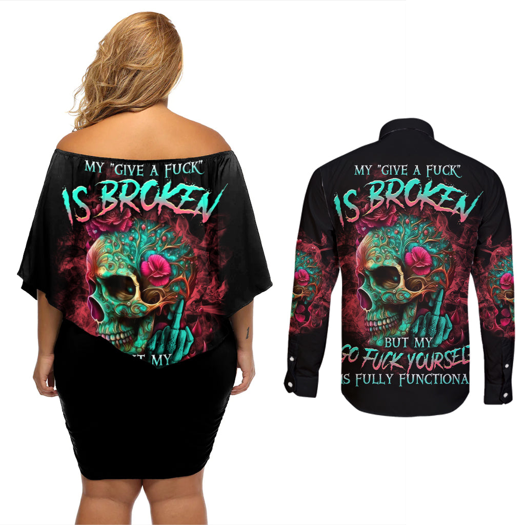 Give Me A F Is Broken But My Go F Yourself Couples Matching Off Shoulder Short Dress and Long Sleeve Button Shirt - Wonder Print Shop