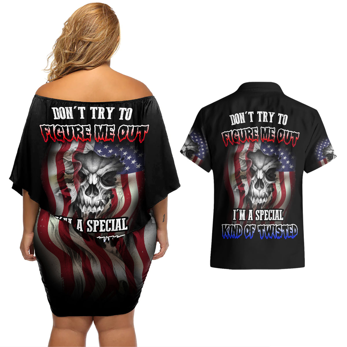 Don't Try To Figure Me Out Couples Matching Off Shoulder Short Dress and Hawaiian Shirt - Wonder Print Shop