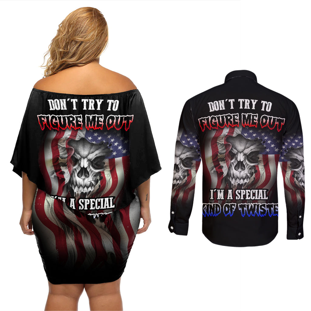 Don't Try To Figure Me Out Couples Matching Off Shoulder Short Dress and Long Sleeve Button Shirt - Wonder Print Shop