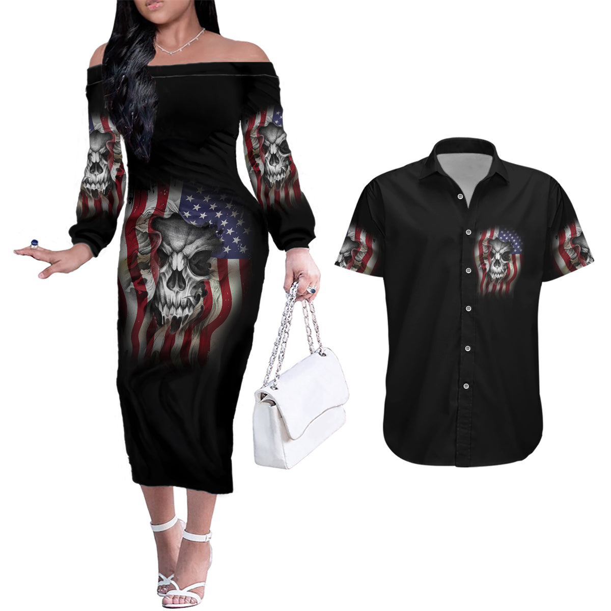 Don't Try To Figure Me Out Couples Matching Off The Shoulder Long Sleeve Dress and Hawaiian Shirt - Wonder Print Shop