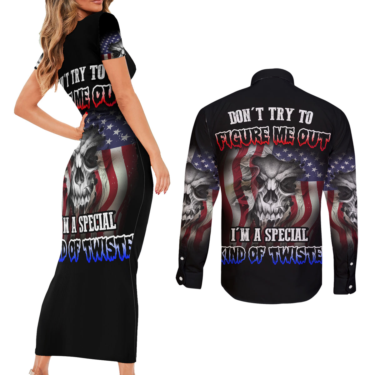 Don't Try To Figure Me Out Couples Matching Short Sleeve Bodycon Dress and Long Sleeve Button Shirt - Wonder Print Shop