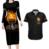 Dilligaf Flame Skull With G Couples Matching Long Sleeve Bodycon Dress and Hawaiian Shirt - Wonder Print Shop