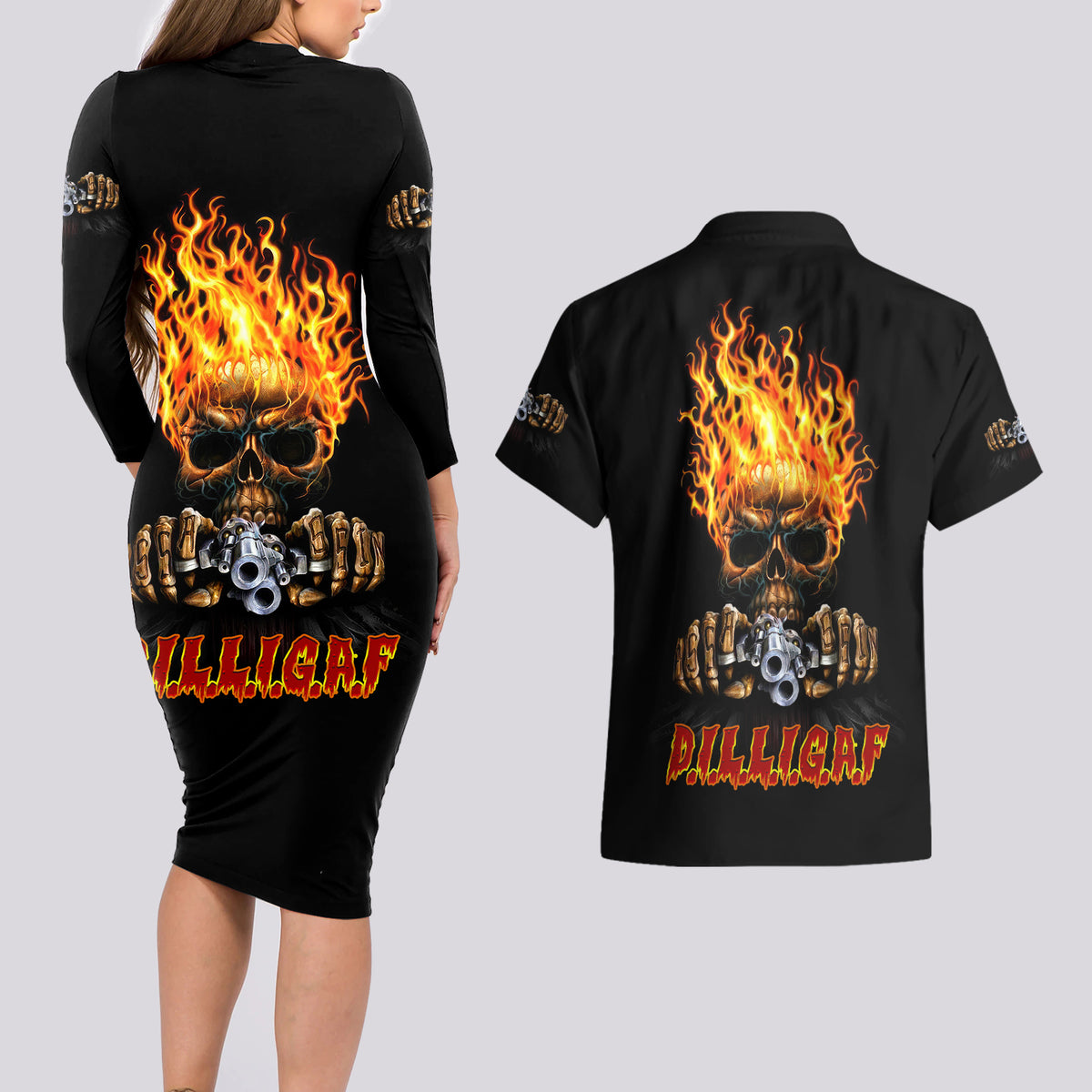 Dilligaf Flame Skull With G Couples Matching Long Sleeve Bodycon Dress and Hawaiian Shirt - Wonder Print Shop