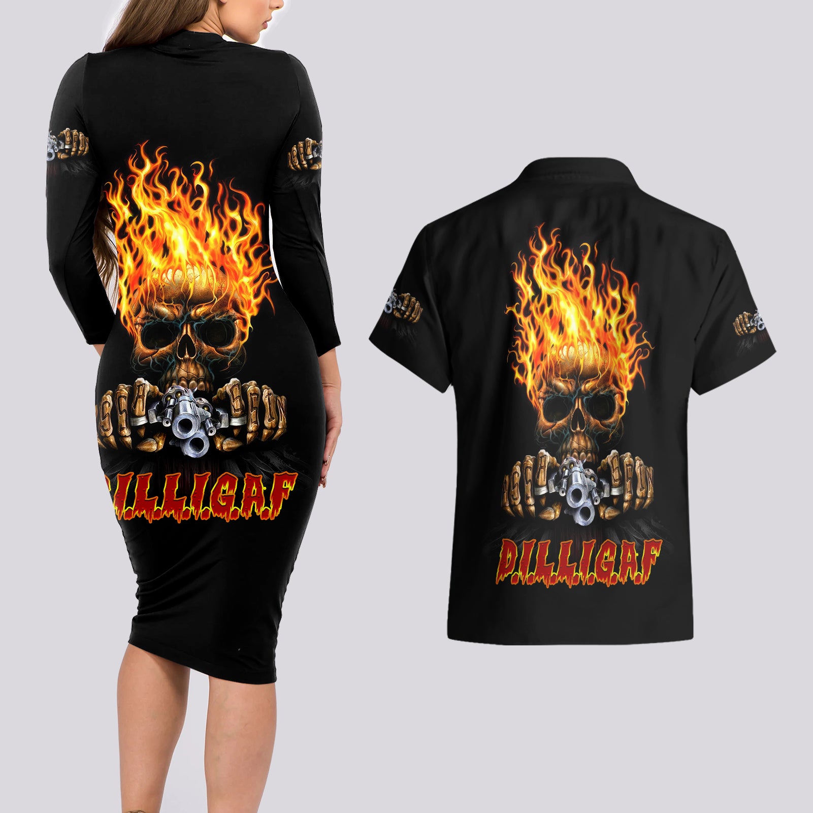 Dilligaf Flame Skull With G Couples Matching Long Sleeve Bodycon Dress and Hawaiian Shirt - Wonder Print Shop