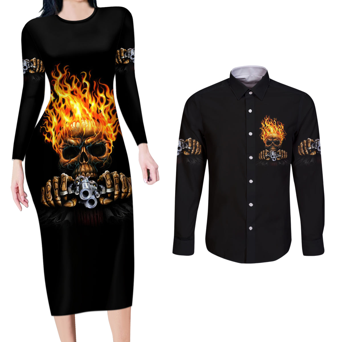 Dilligaf Flame Skull With G Couples Matching Long Sleeve Bodycon Dress and Long Sleeve Button Shirt - Wonder Print Shop