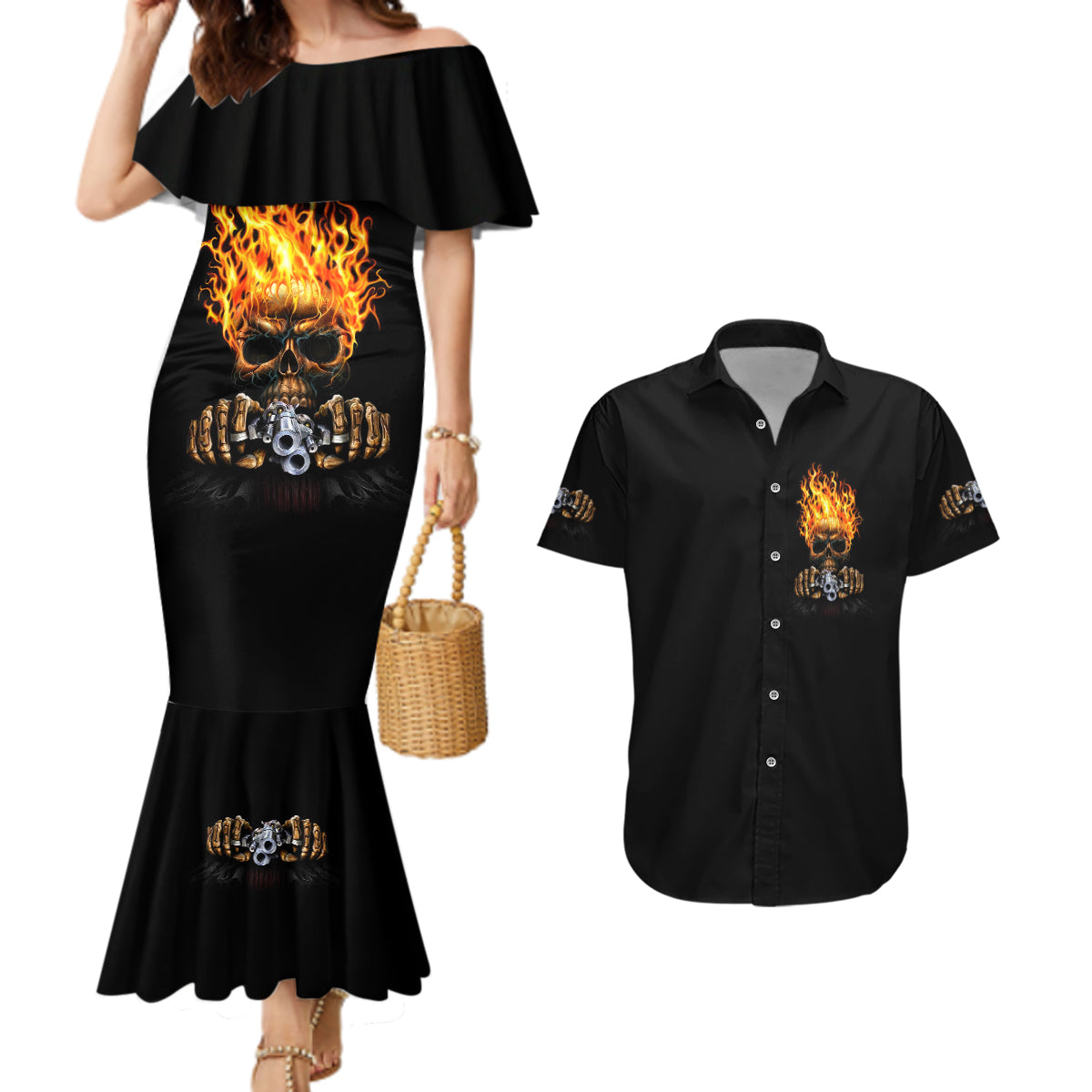 Dilligaf Flame Skull With G Couples Matching Mermaid Dress and Hawaiian Shirt - Wonder Print Shop