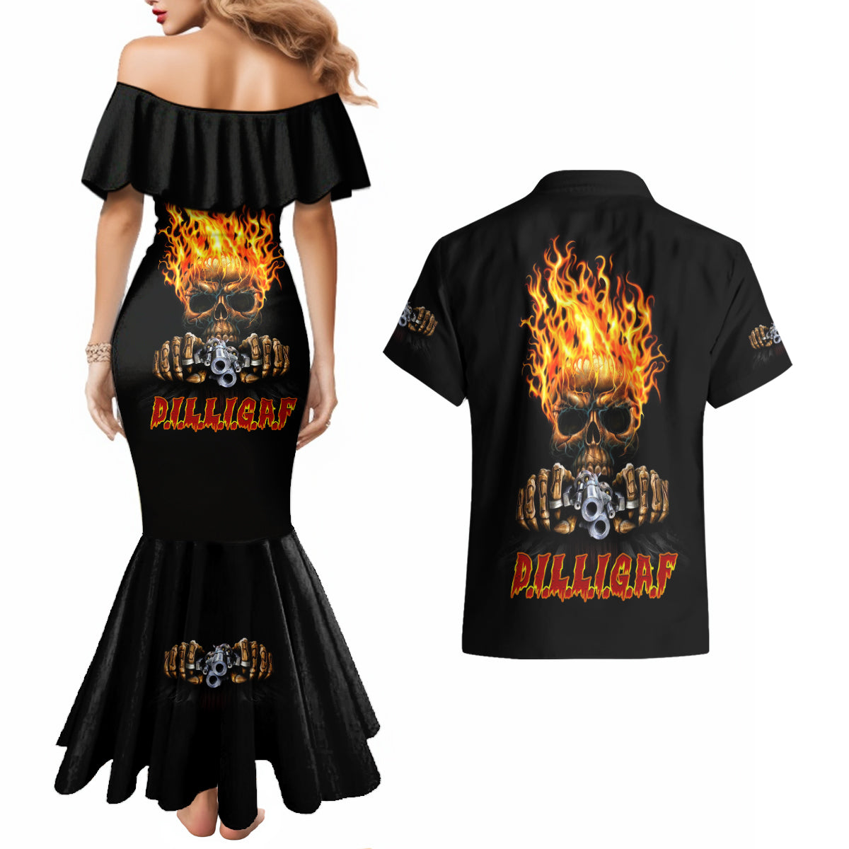 Dilligaf Flame Skull With G Couples Matching Mermaid Dress and Hawaiian Shirt - Wonder Print Shop