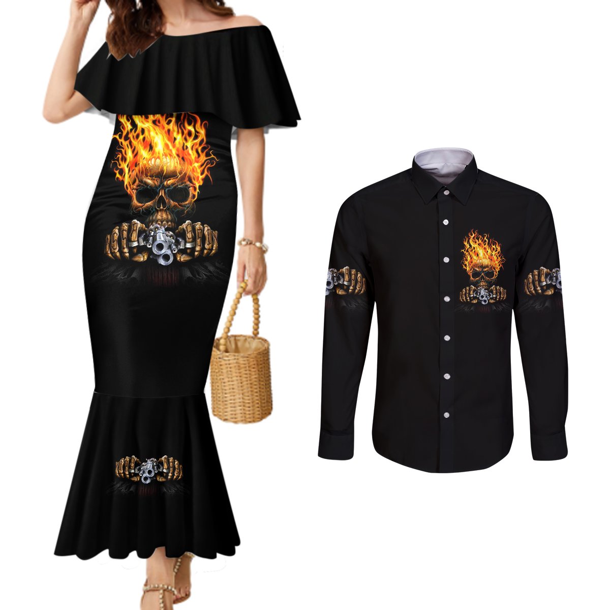 dilligaf-flame-skull-with-g-couples-matching-mermaid-dress-and-long-sleeve-button-shirt