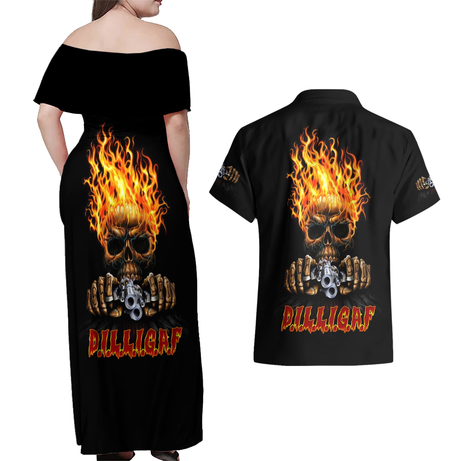 Dilligaf Flame Skull With G Couples Matching Off Shoulder Maxi Dress and Hawaiian Shirt - Wonder Print Shop