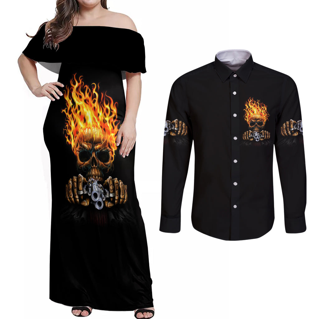 Dilligaf Flame Skull With G Couples Matching Off Shoulder Maxi Dress and Long Sleeve Button Shirt - Wonder Print Shop