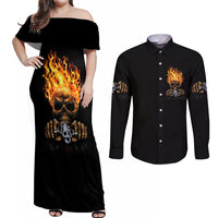 Dilligaf Flame Skull With G Couples Matching Off Shoulder Maxi Dress and Long Sleeve Button Shirt - Wonder Print Shop