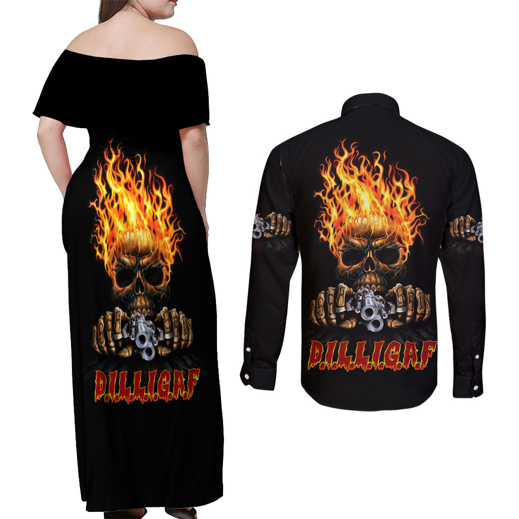 Dilligaf Flame Skull With G Couples Matching Off Shoulder Maxi Dress and Long Sleeve Button Shirt - Wonder Print Shop
