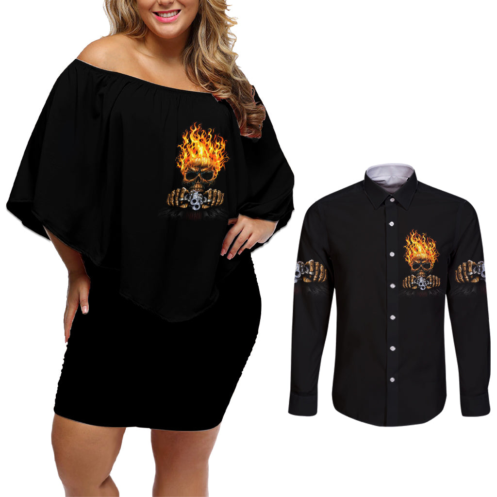 Dilligaf Flame Skull With G Couples Matching Off Shoulder Short Dress and Long Sleeve Button Shirt - Wonder Print Shop