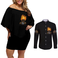 Dilligaf Flame Skull With G Couples Matching Off Shoulder Short Dress and Long Sleeve Button Shirt - Wonder Print Shop