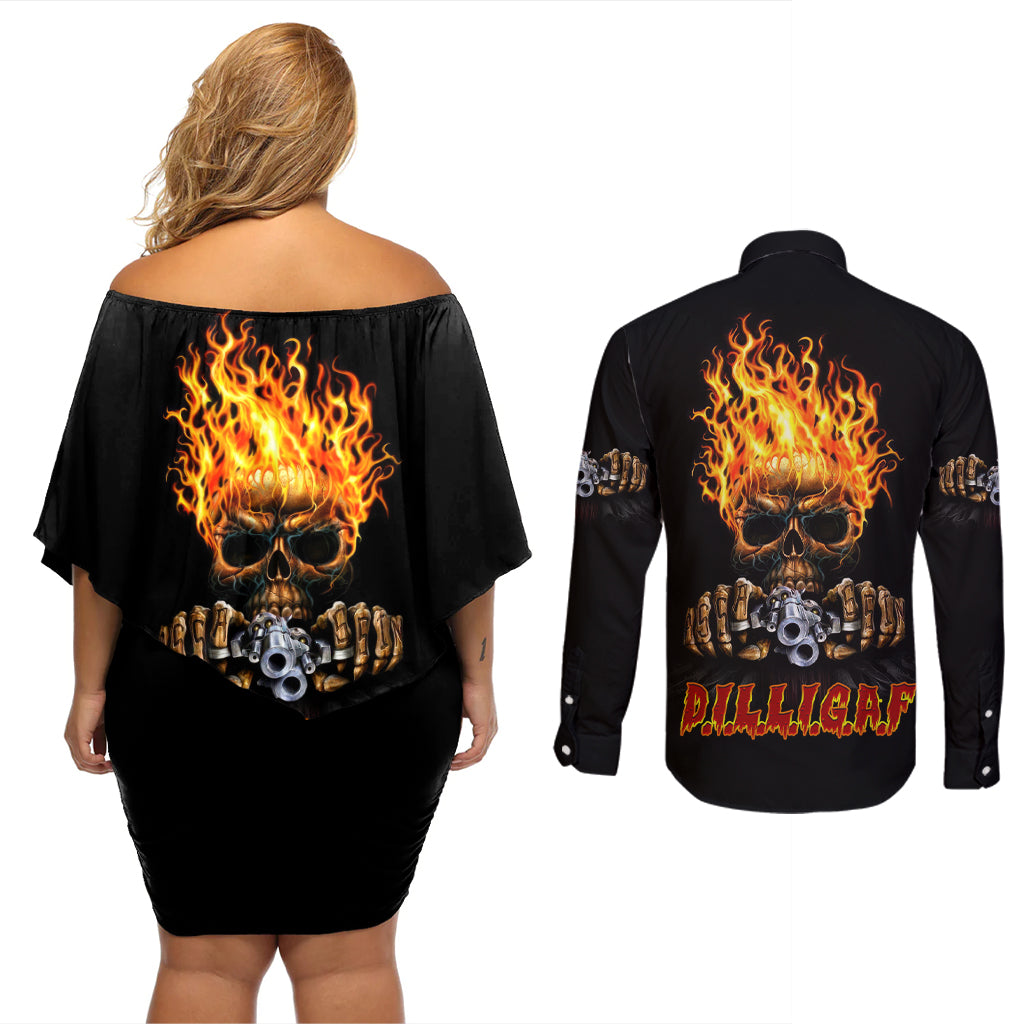 Dilligaf Flame Skull With G Couples Matching Off Shoulder Short Dress and Long Sleeve Button Shirt - Wonder Print Shop