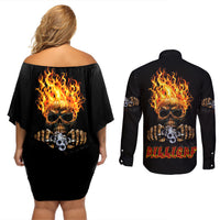 Dilligaf Flame Skull With G Couples Matching Off Shoulder Short Dress and Long Sleeve Button Shirt - Wonder Print Shop