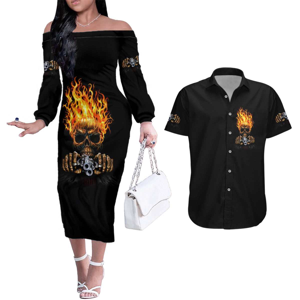 Dilligaf Flame Skull With G Couples Matching Off The Shoulder Long Sleeve Dress and Hawaiian Shirt - Wonder Print Shop