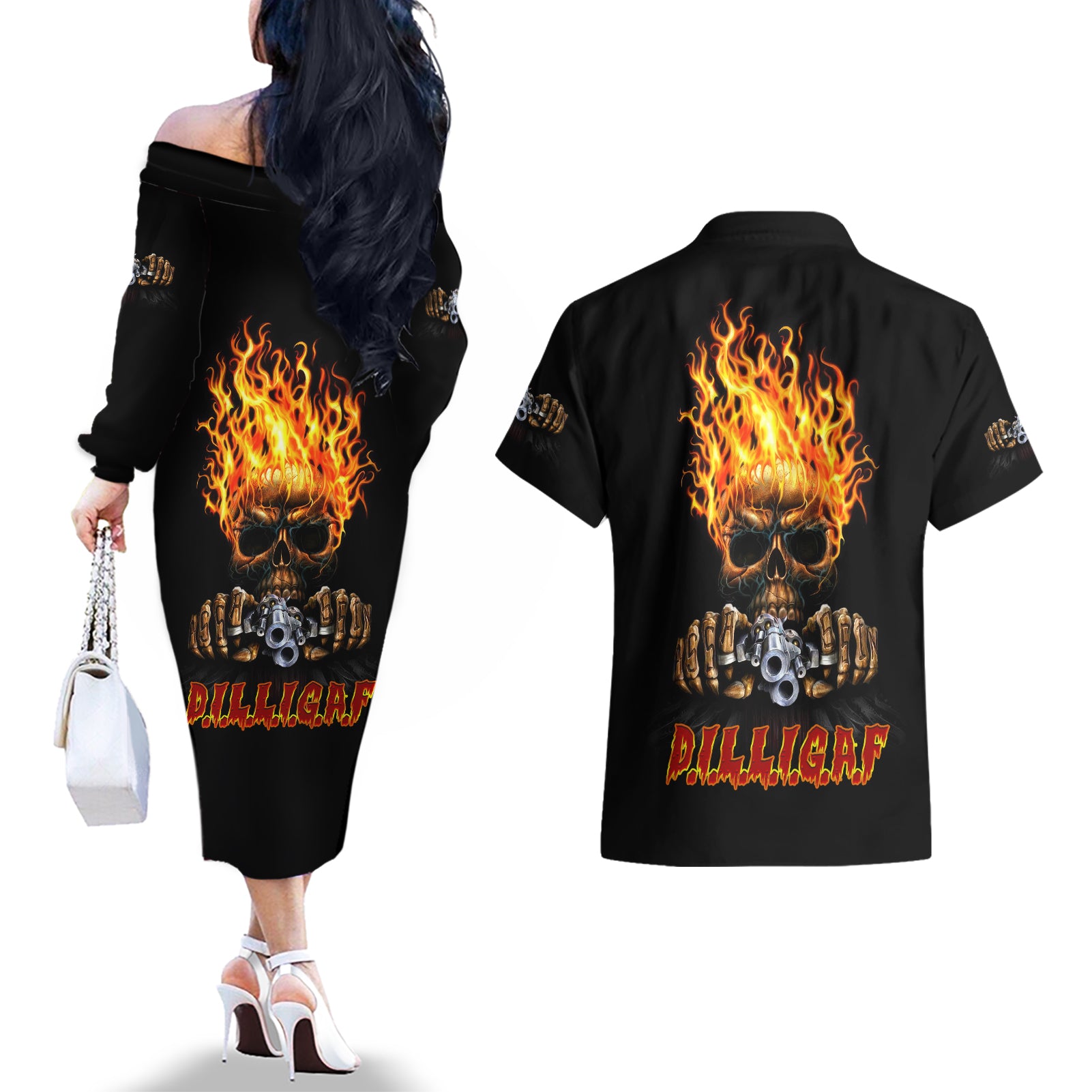 Dilligaf Flame Skull With G Couples Matching Off The Shoulder Long Sleeve Dress and Hawaiian Shirt - Wonder Print Shop
