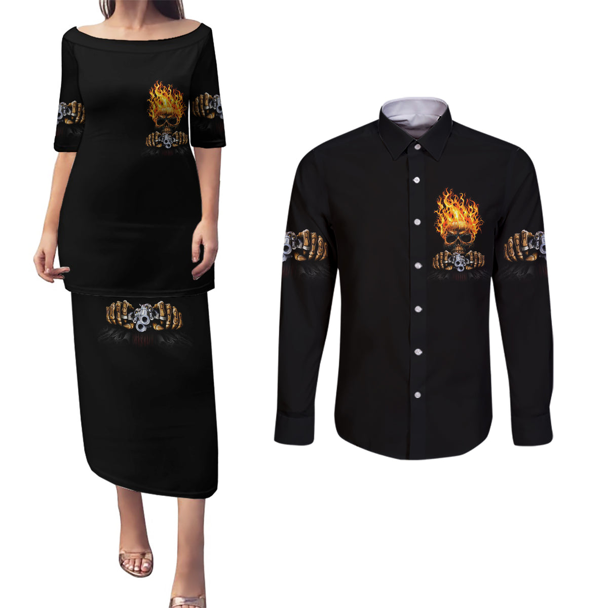 Dilligaf Flame Skull With G Couples Matching Puletasi Dress and Long Sleeve Button Shirt - Wonder Print Shop