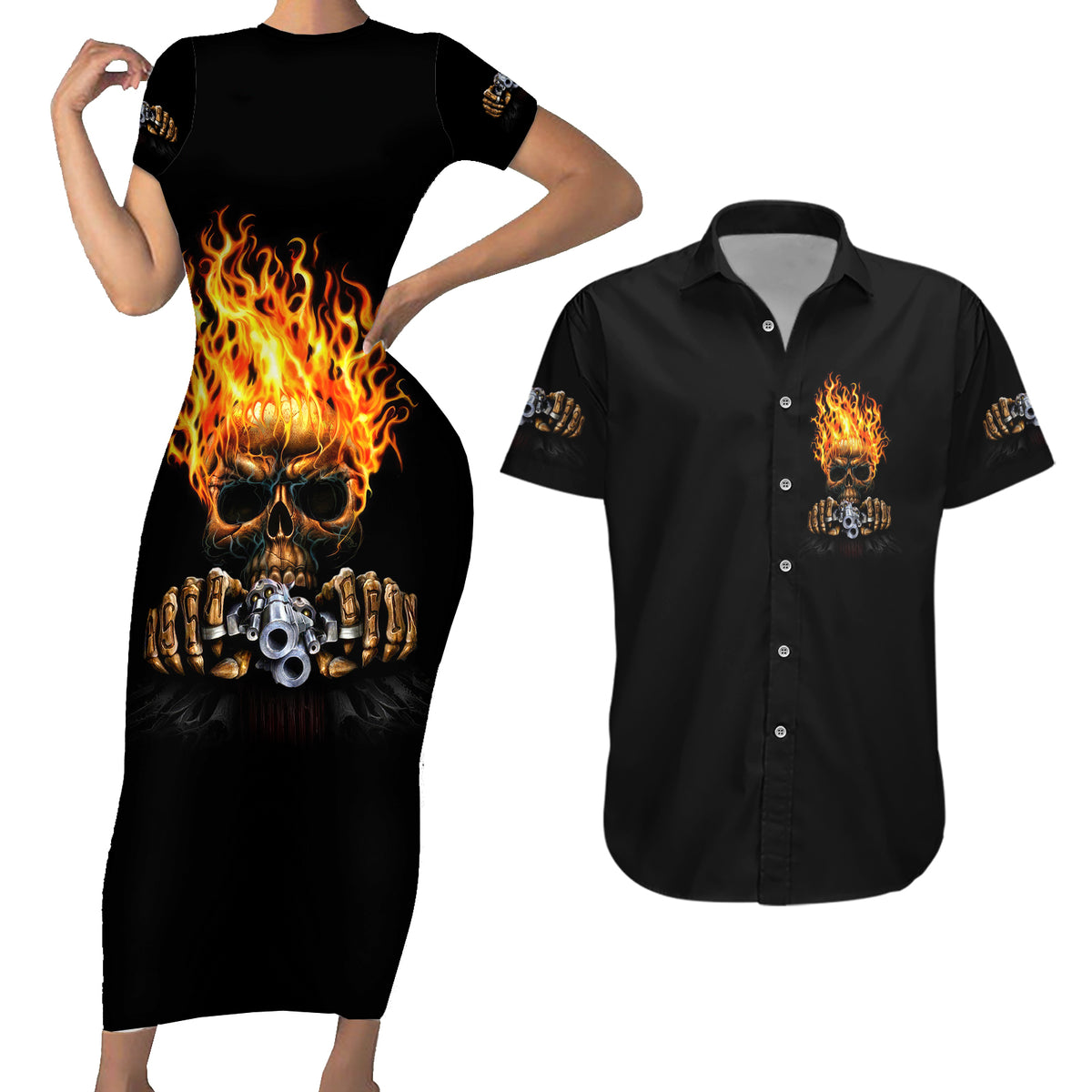 Dilligaf Flame Skull With G Couples Matching Short Sleeve Bodycon Dress and Hawaiian Shirt - Wonder Print Shop